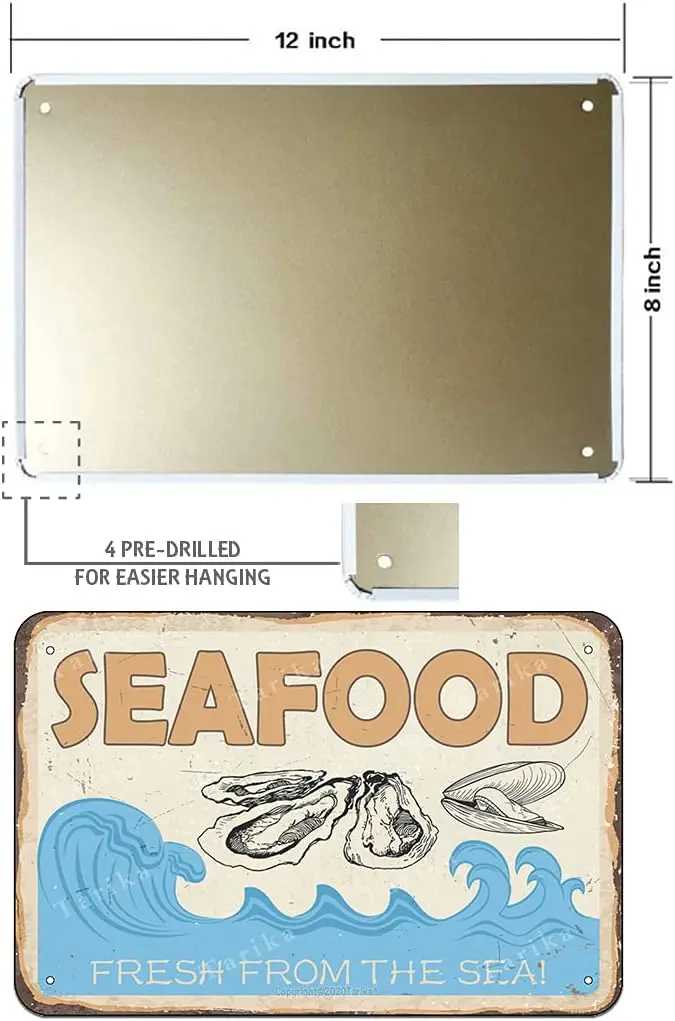 Seafood Fresh from The Sea Tin 8X12 Inch Vintage Look Decoration Art Sign for Home Kitchen Farm Bar Pub Man Cave Funny