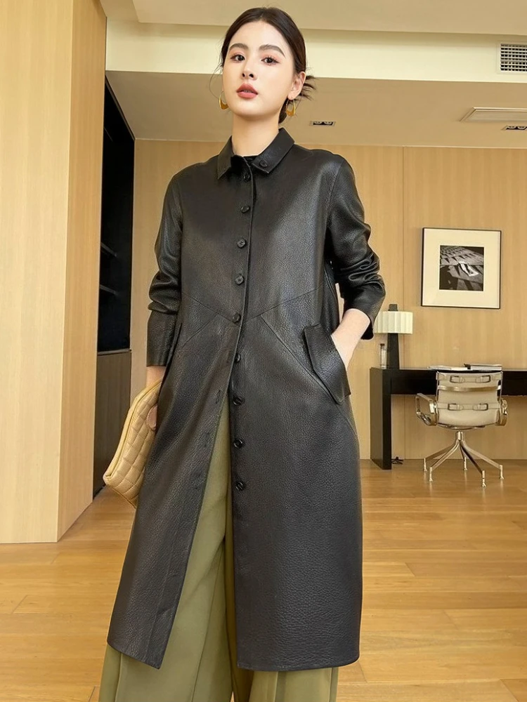 

Casual Long Genuine Leather Jackets for Women High-end Simple Single Breasted Deer Texture Black Real Goatskin Trench Coat
