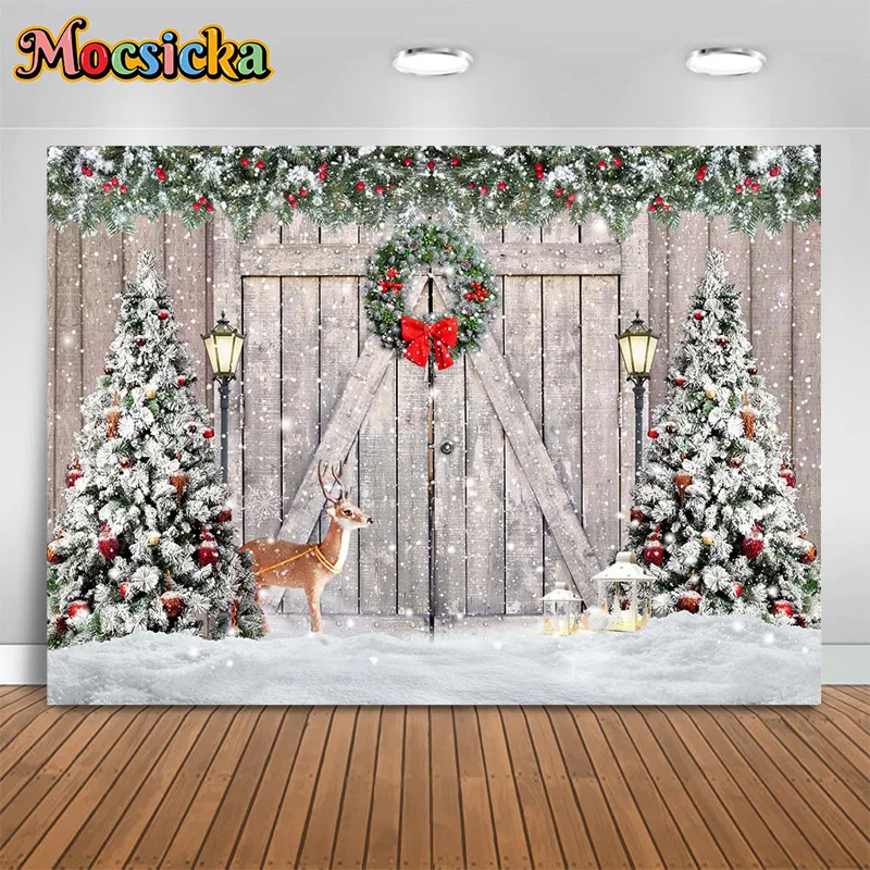 Mocsicka Photography Background Winter Christmas Xmas Tree Elk Snow Decor Backdrop Kid Birthday Cake Smash Photo Banner Studio