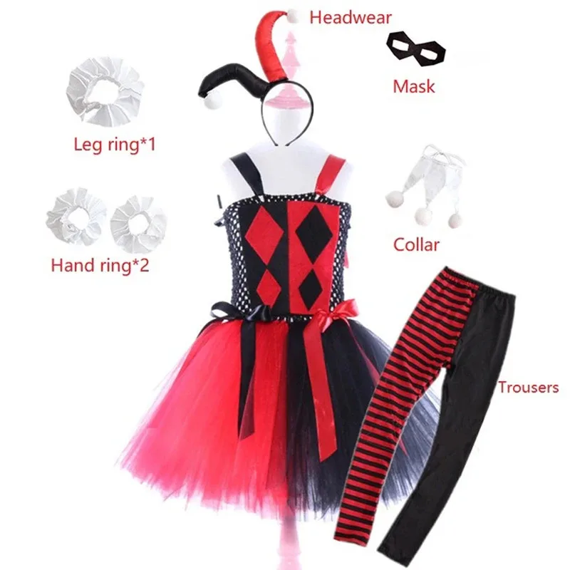 Kids Clown female Tutu Dress Happy Purim Girls Birthday Party Dresses Carnival Halloween harley squad quinn Cosplay Costume