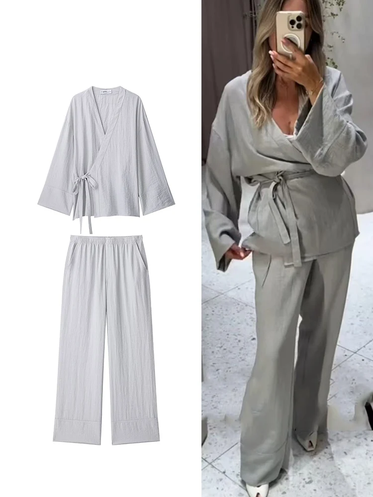 

TFMLN женские комплекты брюк, осенний новый свободный топ с длинными рукавами на шнуровке, брюки с высокой талией, модные винтажные повседневные женские комплекты из 2 предметов