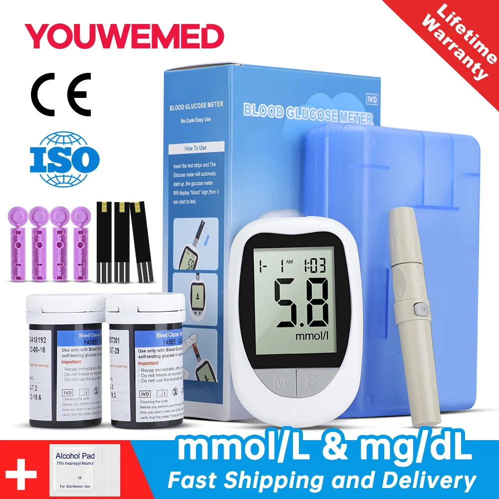 Medidor de glicose no sangue 25/50 pces tiras de teste agulhas lancets monitor de açúcar no sangue coletar glucometer de sangue mg/dl ou mmol/l