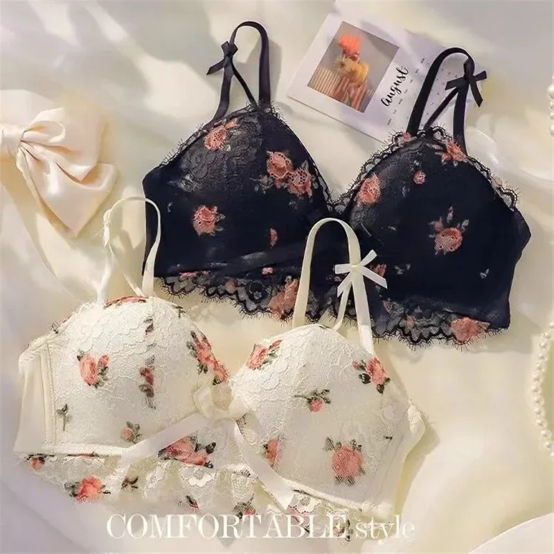 Push Up Bras and Panty Set for Women Floral Lace Transparent Breathable Cute Lingere Sexy Underwear Set Seamless Bra Brassiere