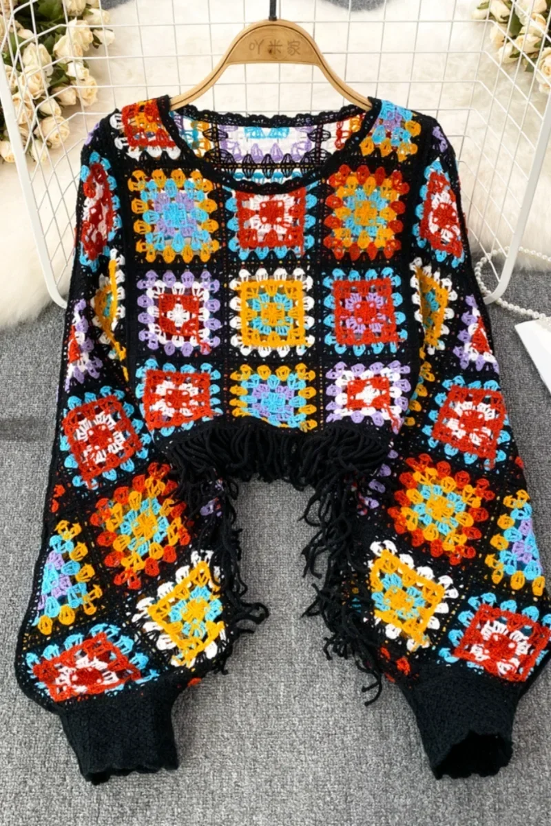 المرأة س الرقبة الجوف خارج محبوك سترة ، اللون حجب البلوزات ، فانوس كم ، شرابة البلوز ، شيك ، دروبشيب