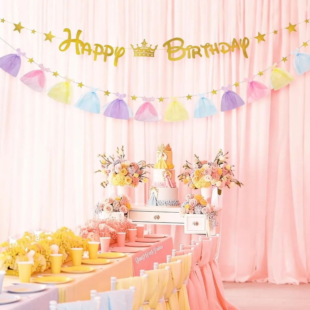 Pastellfarbenes Prinzessinnenkleid Happy Birthday Banner Glitzer Gold Sterne Hängende Papiergirlanden für Mädchen Übernachtungsparty Geburtstagsdekoration – Detail 4