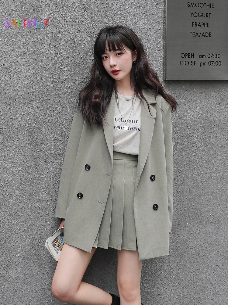 

High-end British Style Blazer Jacket Female Autumn Student Girls JK Suit Pleated Skirt 2 Piece Set Casual Office Ladies Clothing