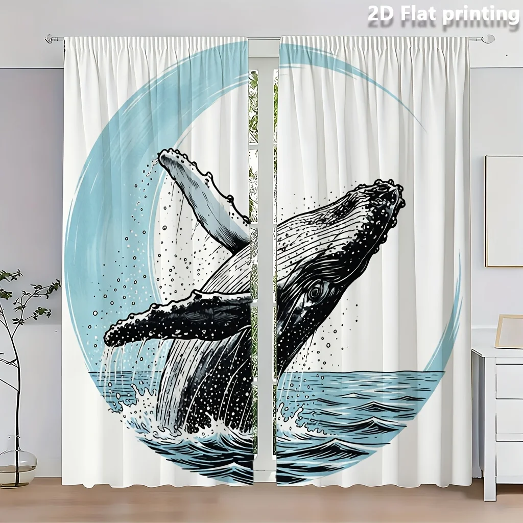 Blue Whale Jumping Curtains, Ocean Animal Print Drapes for Living Room, Marine Life Sketch Style Window Treatment Home Decor