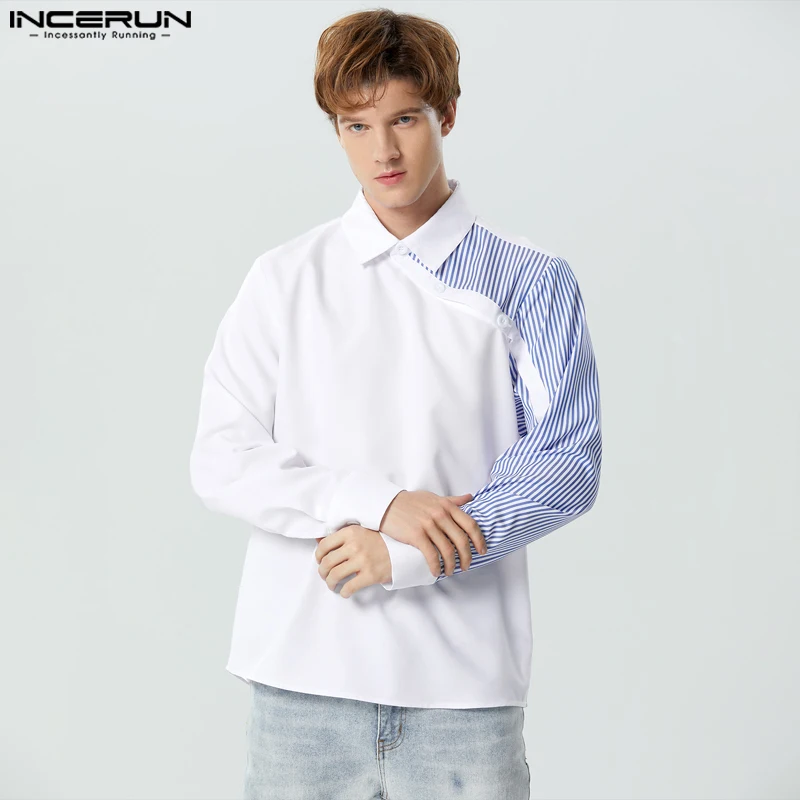 

INCERUN Tops 2023 American Style Handsome Men's Striped Patchwork Shirts Casual Streetwear Hot Selling Long Sleeved Blouse S-5XL