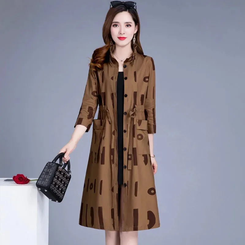 2024 Spring Sutumn New Khaki Trench Coat Mid-Length Coffee Windbreaker Coats Women Loose 5XL Printed Fashion Outerwear Female