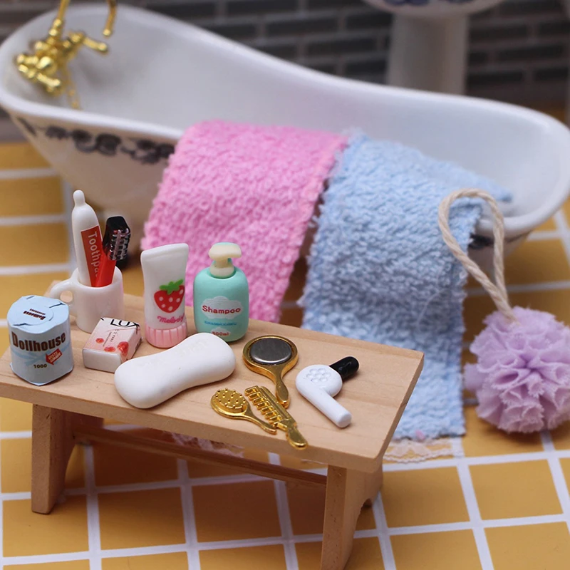Doll House Miniature Practical Bathroom Accessory Hair Dryer Mirror Model Kits Kids Toys Mini Bathroom Dressing Tool Accessories