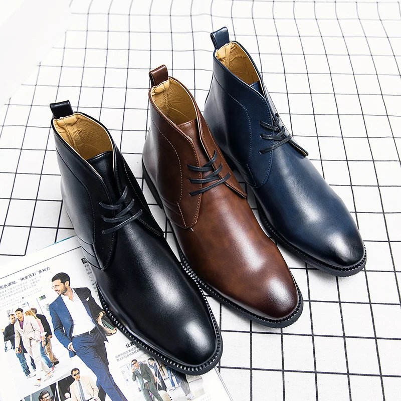 

New Men Business Ankle Boots PU High Cut Short Tube Lace Up Business Brand Chelsea Boots European Style Size 38-48 Men Boots