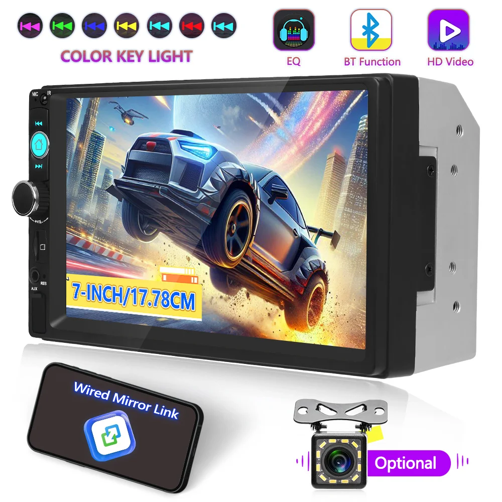 7-Inch Touch Screen Car MP5 Stereo - Wired Mirror Link, Share Same Video, FM Radio, EQ, USB, BT, Steering Wheel Control