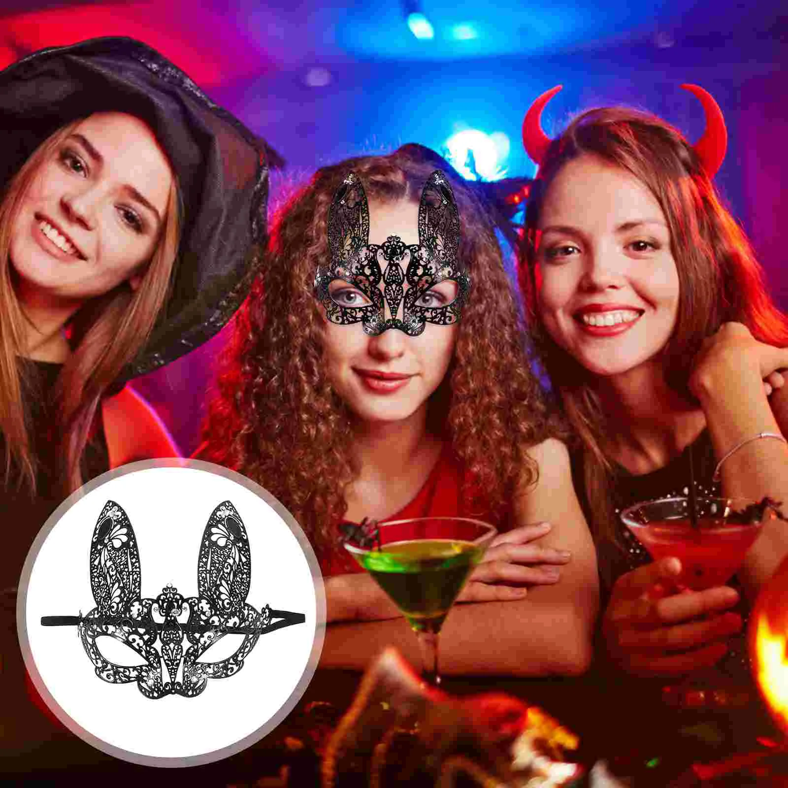 

Rhinestone Mask Venetian Mask Rabbit Mask Half Face Animal Mask Cosplay Costume Accessory for Halloween Carnival Masquerade (Bla