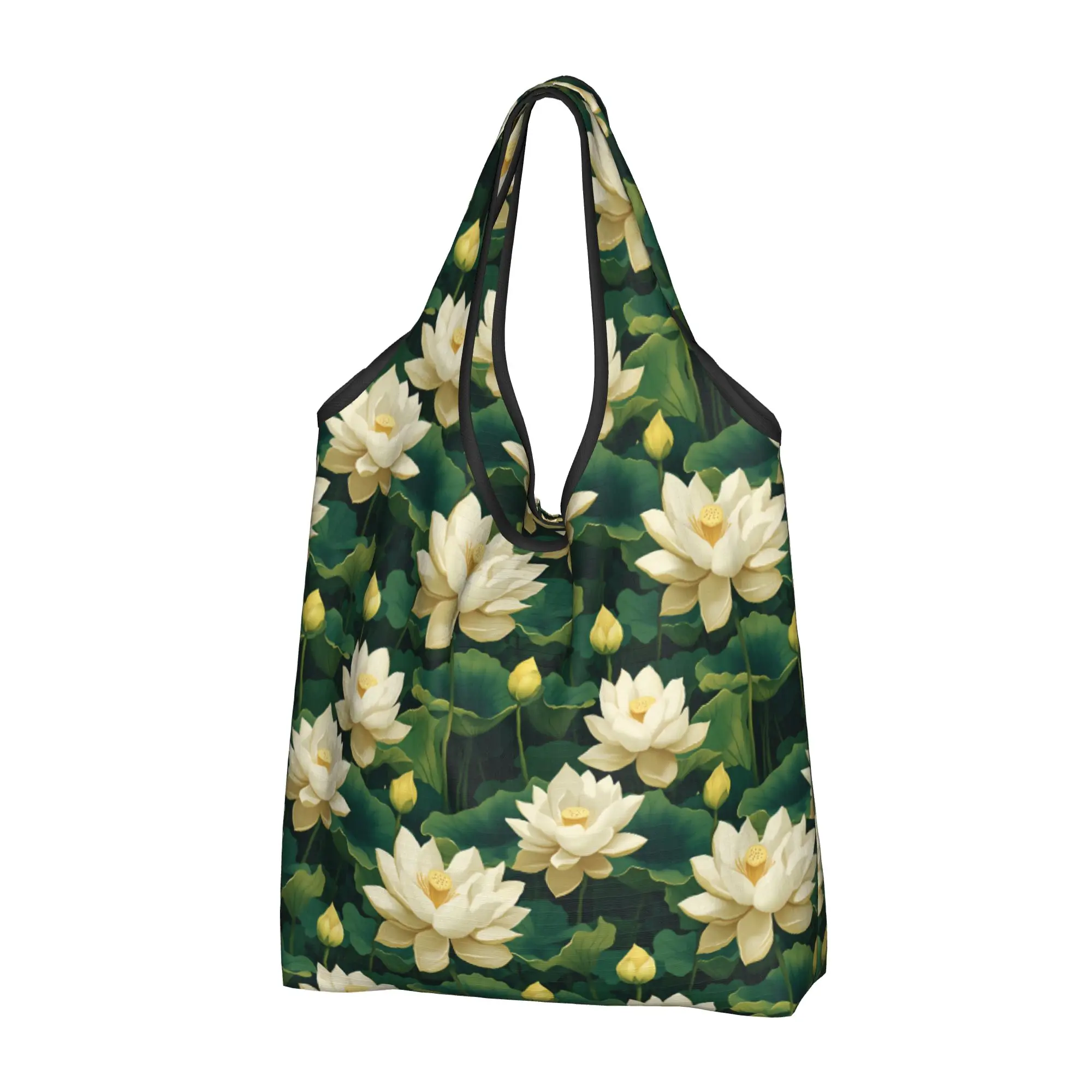 Fashion Printing Serene Lotus Bloom Shopping Tote Bag Portable Shoulder Shopper Nelumbo Nucifera  Handbag