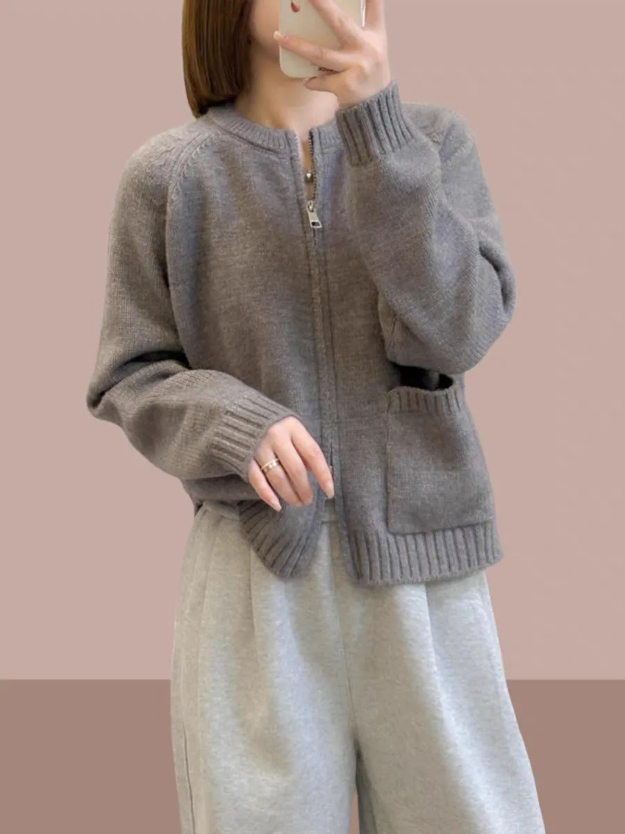 2024 autumn and winter new Korean version soft fashion versatile double zipper knitted cardigan sweater jacket for women