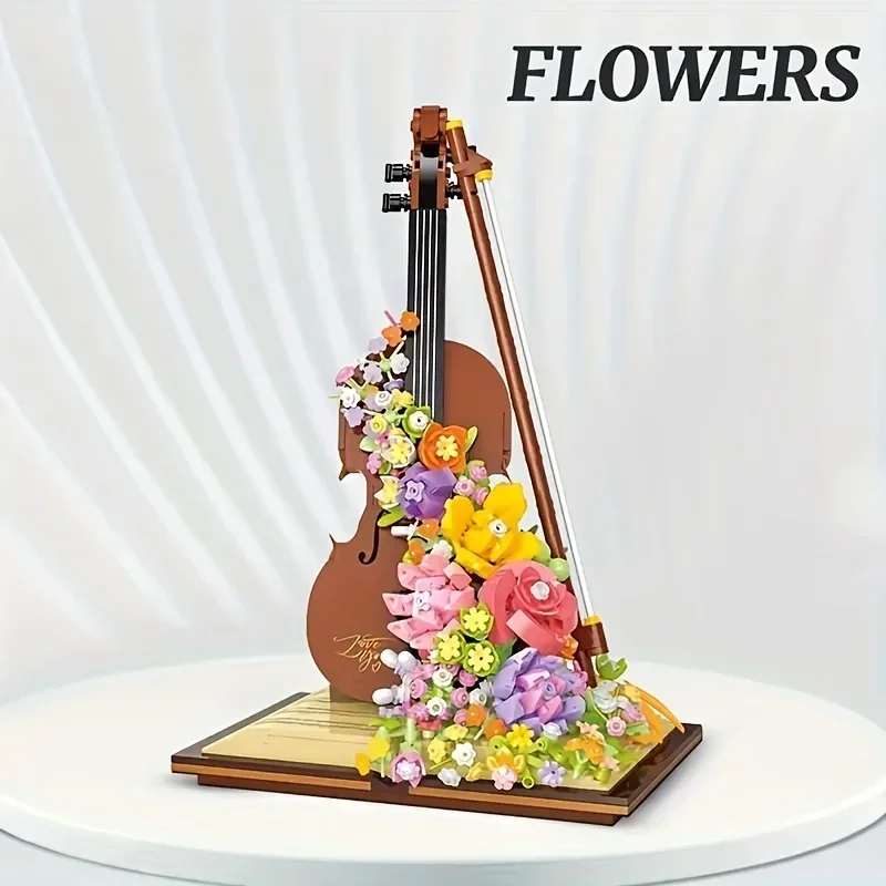 Novel Creative Eternal Flower Music Series, Home Accessories, Simulative Pocket Cello Ornaments Small Building Blocks,Christmas