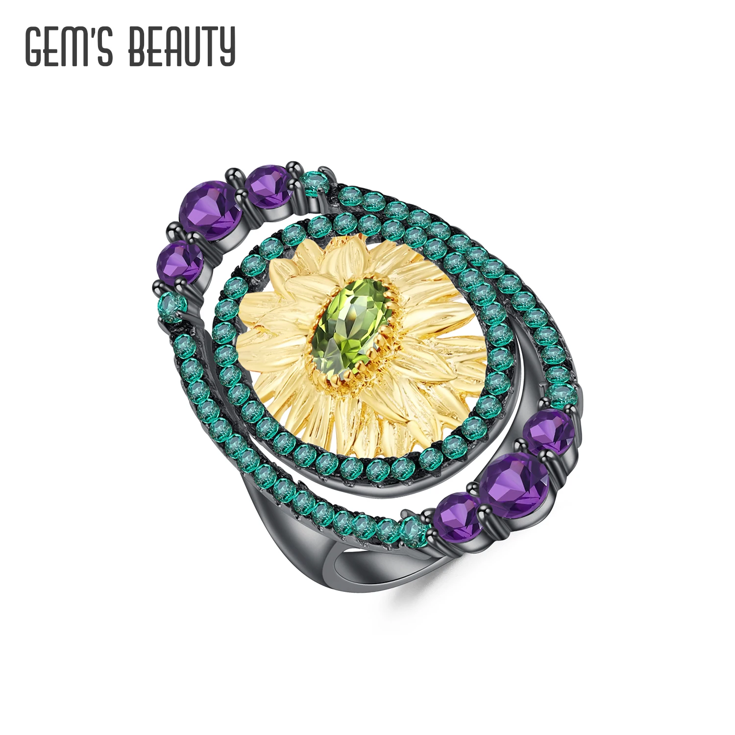 GEM'S BEAUTY Oil Painting Sunflower Flower Rings for Women 925 Sterling Silver Natural Stone Handmade Designer Fine Jewelry