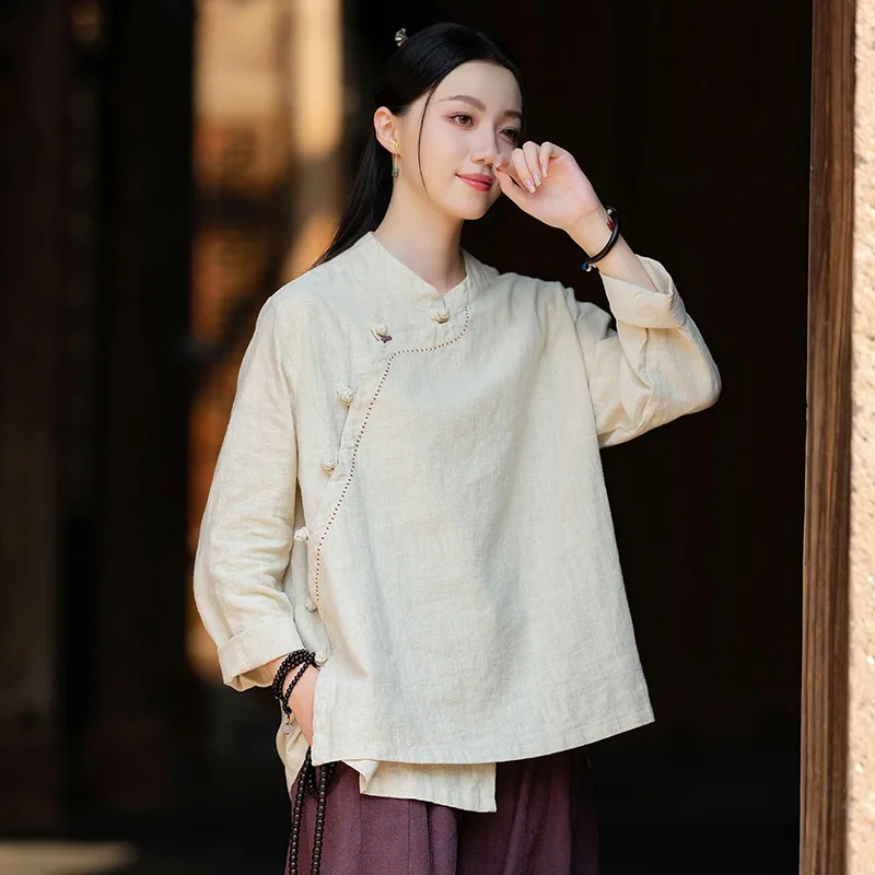 

New Arrival Long Robe Autumn Cotton-Linen Blend Women's Chinese-Style Vintage Stand Collar Shirt Top Women's Linen Jacket