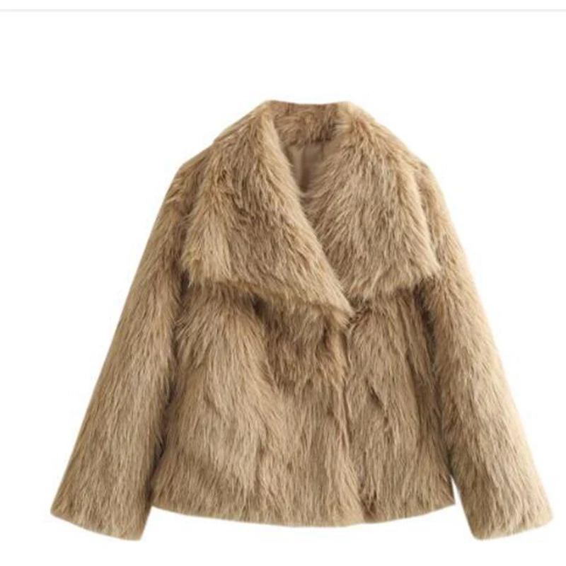 Fashion Faux Fur Jackets Women American New Loose Ture Down Collar Long Sleeve Thick Coats Female Autumn Warm Chic Outerwear Top