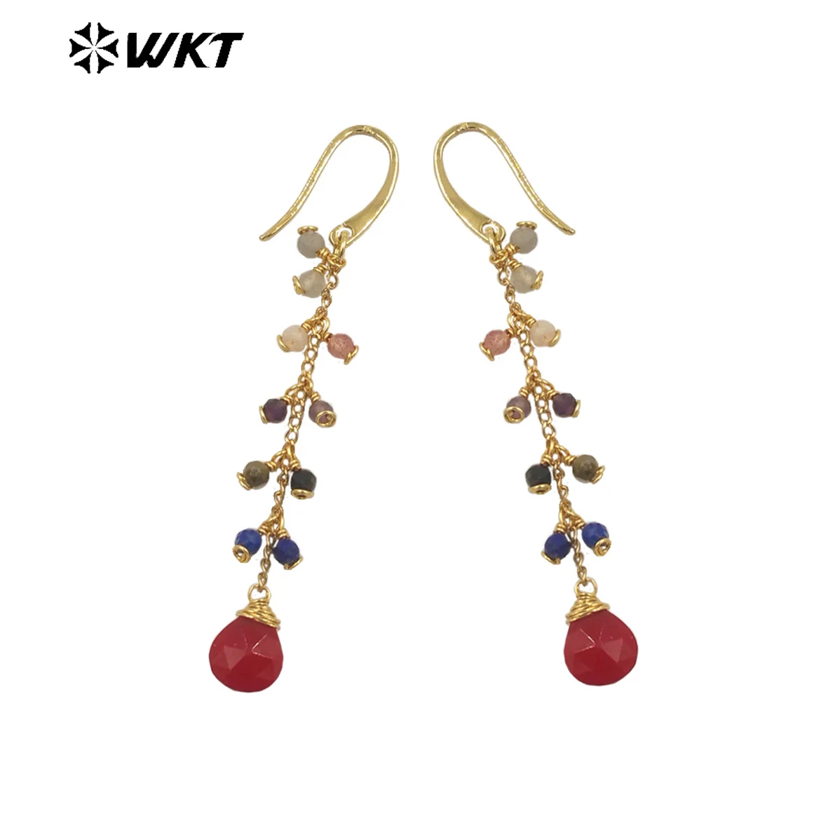 WT-E725 Amazing colorful Gemstone wire wrapped long charming earrings women dangle gold Birthday stone earrings in drop