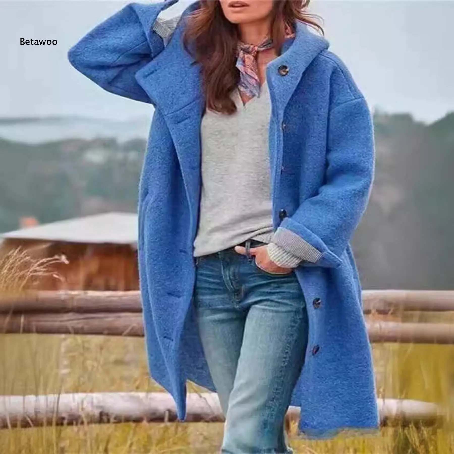 Women Hooded Wool Blend Coat Single Breasted Mid Length Loose Hood Jacket with Pockets Fall Winter Casual Outerwear
