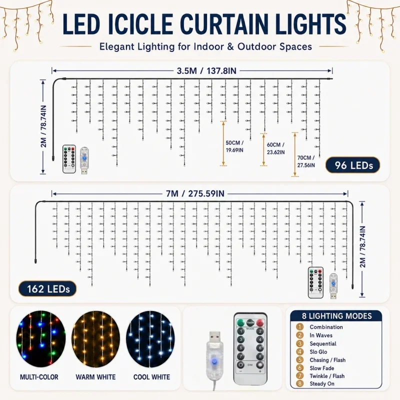 3 Styles 96/162LED USB Ice /snowflake Strip String Lights with Remote Control 8 Modes LED Fairy Light Home Party Christmas Decor