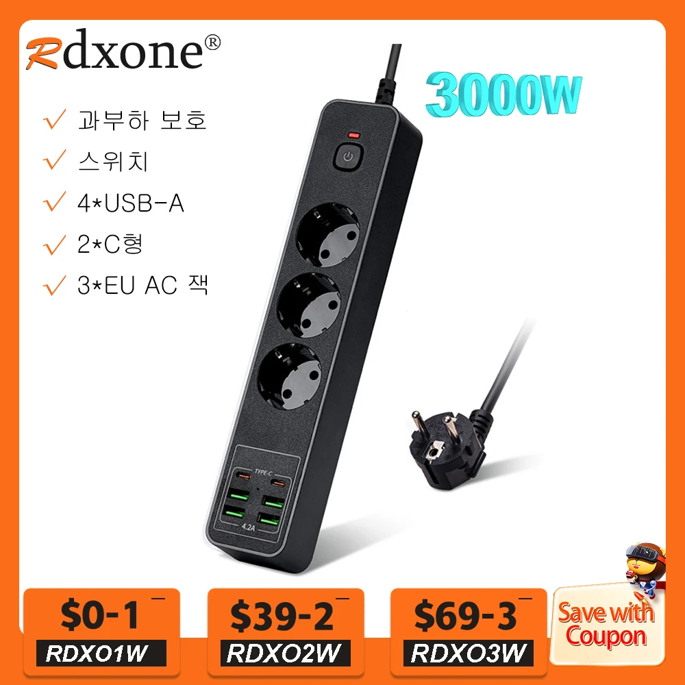 3000W EU Plug Strip USB Power Strip With Overload Protection 4USB 2Type C Charger Hub 2m Extension Socket With Switch