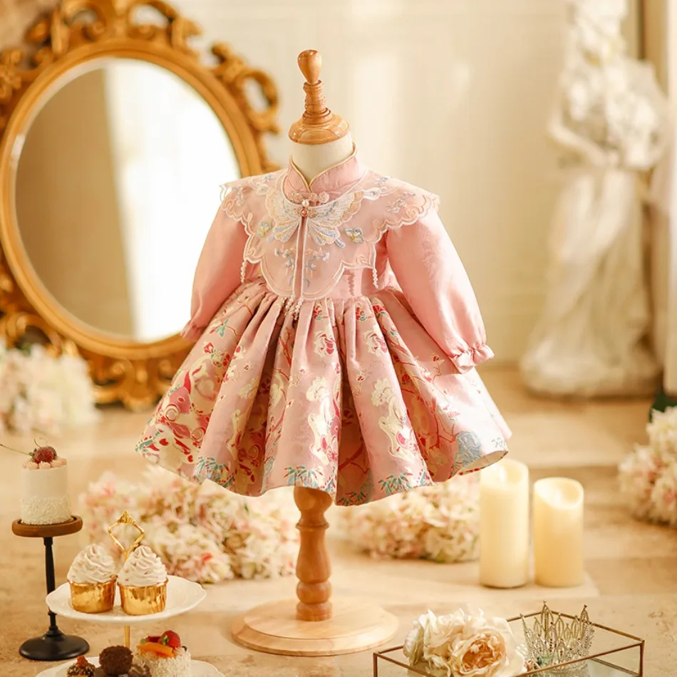 Toddler Girls Long Sleeve Chinese Cheongsam Dress Embroidery Butterfly Floral Pattern Ruffle Collar Kid Flower Dress Girl Outfit