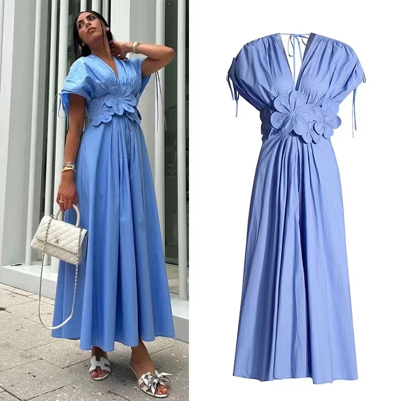 Summer Elegant Blue Maxi Dress for Women 2024 New Luxury 3D Flower High Waist Pleated Party Dress Fashionable Women Street Robe