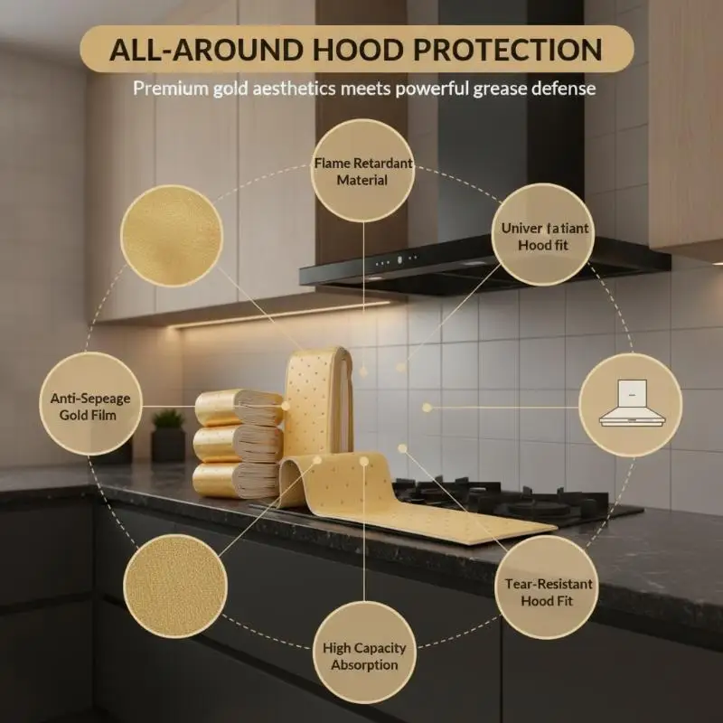 Leakproof Gold-Film Range Hood Oil Absorbing Mats 10Pcs Cuttable Disposable for Home Kitchen Grease Absorption Use