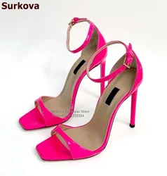 Surkova Pink Patent Leather Square Toe High Heel Sandals Buckle Strap Stilettos Concise Dress Pumps Nude Leopard Mirrow Leather