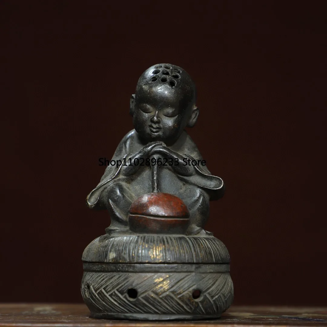 

Old brass tire mud gilt painted little novice monk incense burner plate cone tower incense ornament shop case 16cm