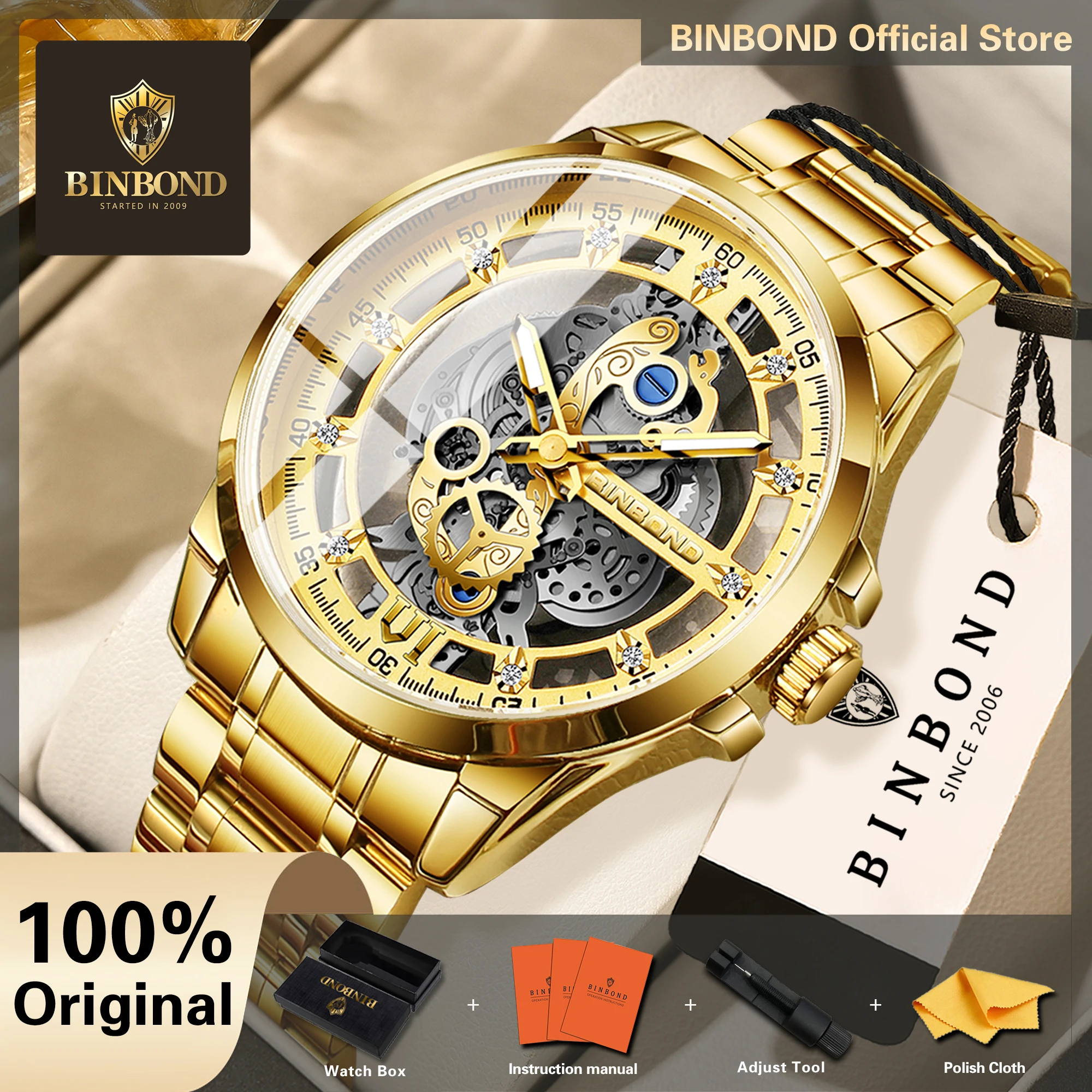 BINBOND Vintage Hollow-out Quartz Wristwatch For Men Luxury Luminous Waterproof Men's Watch Reloj De Hombre Montres Hommes +Box