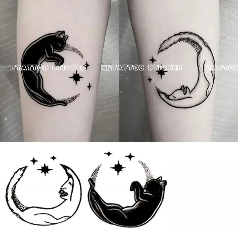 Black White Cat Moon Fake Tattoo for Woman Man Arm Art Sticker Couple Cute Temporary Tattoos Waterproof Tatuajes Temporales
