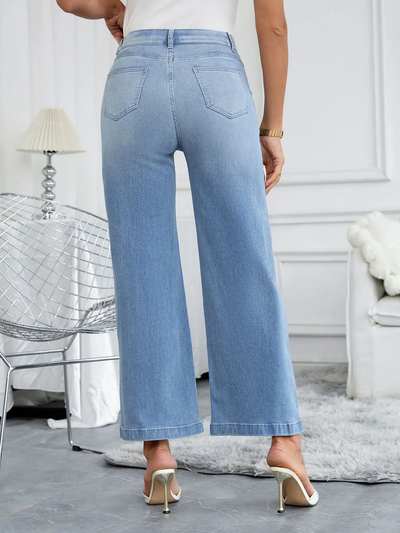 Calça jeans solta elástica de perna larga feminina, hidratação de gordura, comprimento de pernas, mistura de algodão orgânico, envio global