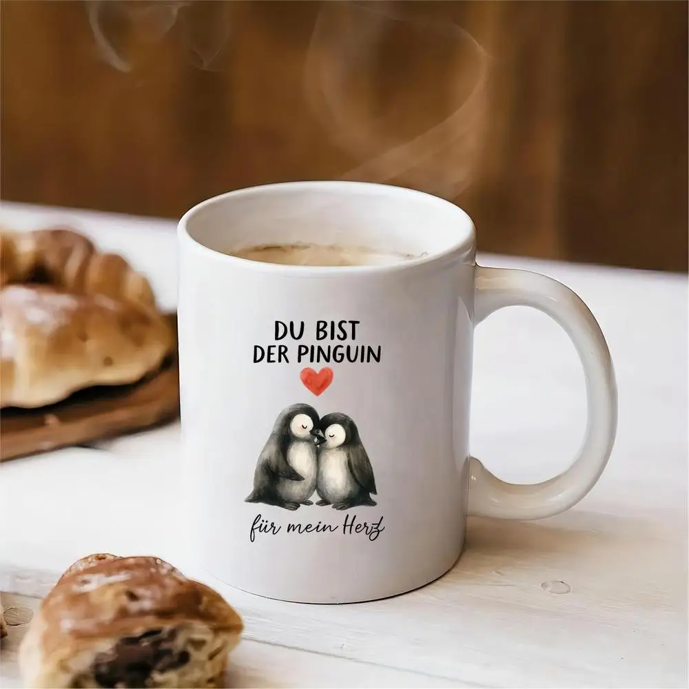 Romantic Anniversary Gift for Her - Valentine's Day Special! Black and White Penguin with Red Heart Pattern Coffee Mug, German L