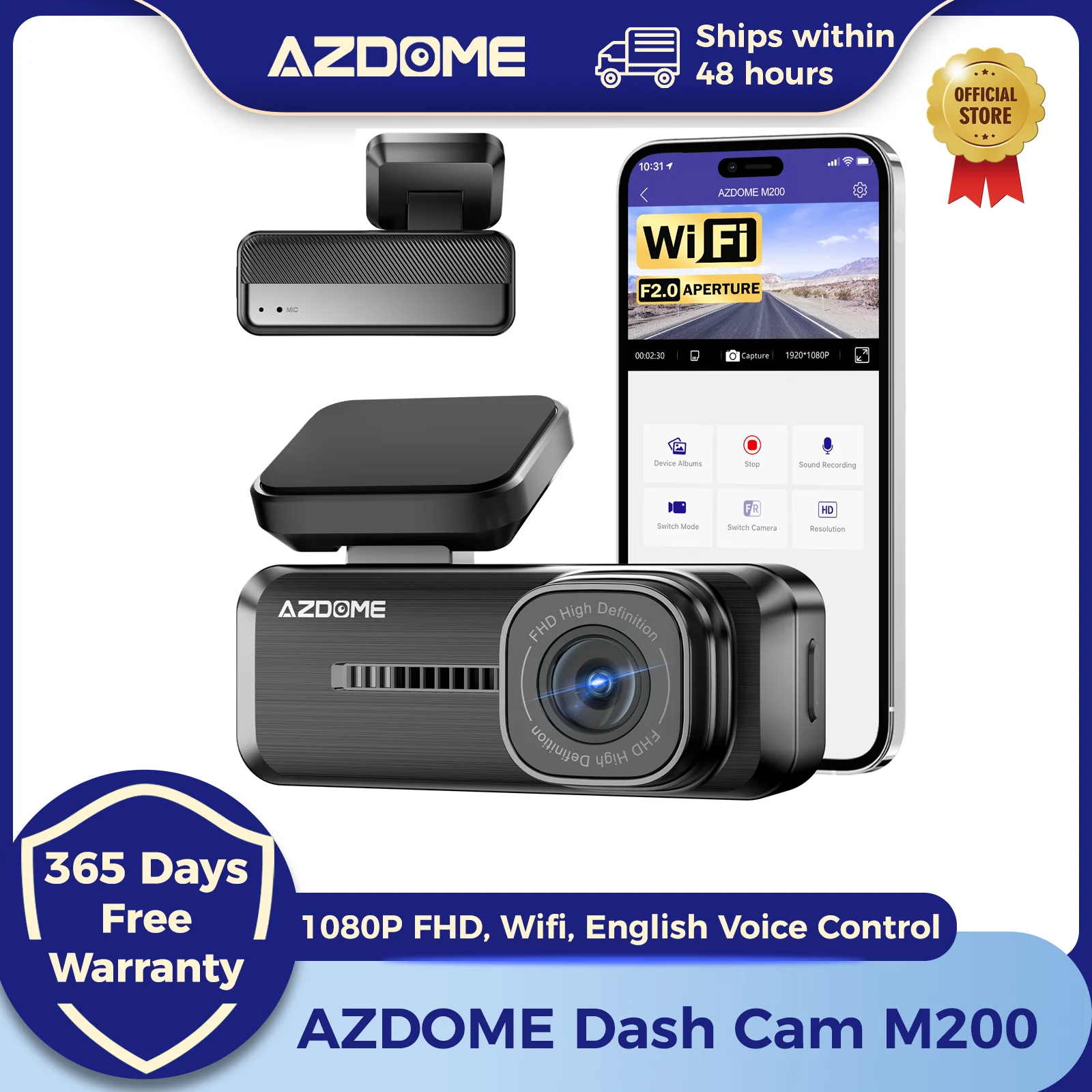 AZDOME Dash Cam M200 1080P FHD Wifi Car Camera English Voice