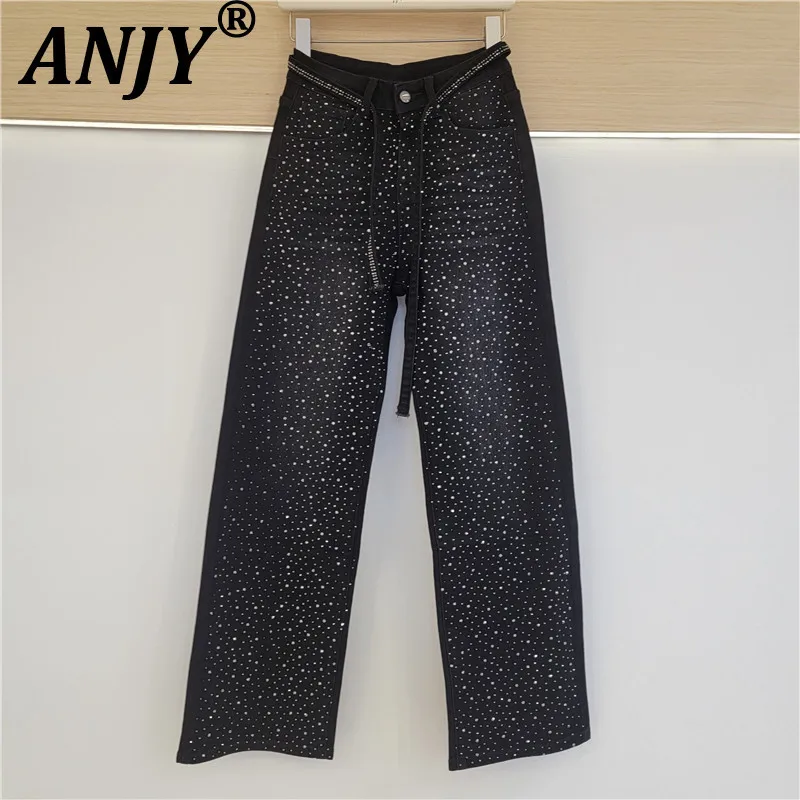 

ANJY Весенне-осенние новые женские джинсы с модным дизайном и крупными стразами, трендовые, стильные, свободного кроя, с широкими штанинами, модель A20635