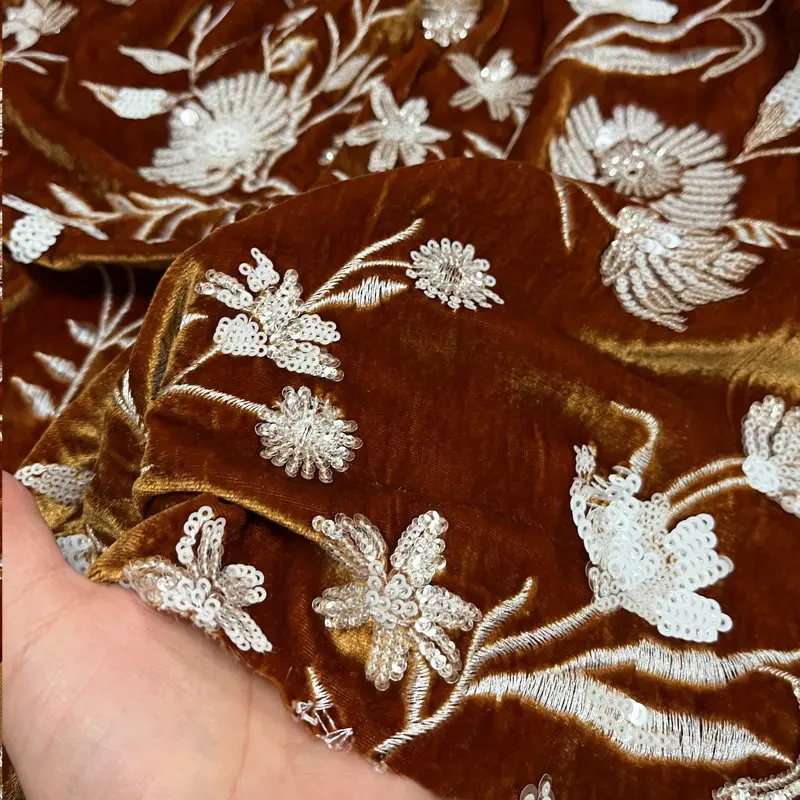 Sequined Flower Embroidery Silk Velvet Fabric Ink Blue Pavilion Jacquard Silk Chinese Style Cheongsam Skirt Fabric