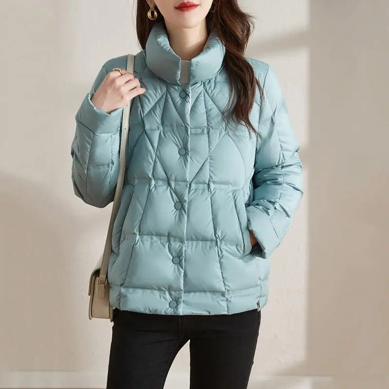 2023 New Women 90% White Duck Down Fashion DIAMOND CHECK Jackets Female Ultralight Thin Slim Korean Office Lady Down Coat