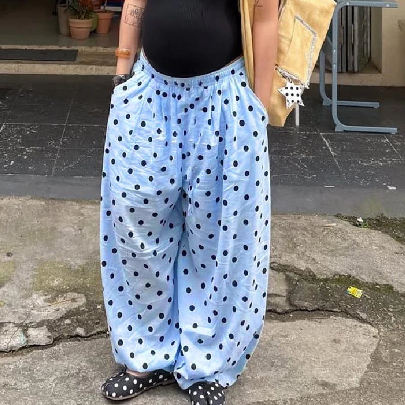 خمر البولكا نقطة واسعة الساق البنطلون السراويل النسائية الخريف في سن المراهقة فتاة كسول فضفاضة تناسب السراويل الطويلة الأمريكية الرجعية Preppy الشارع الشهير #2