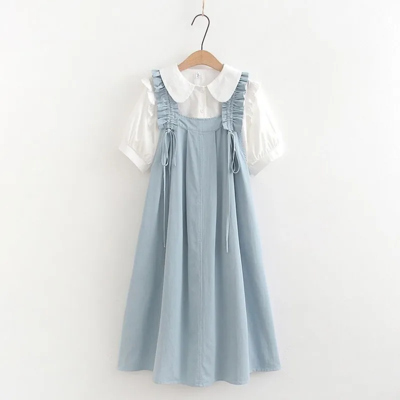 120-170CM Girl Summer Set New Children's Western Style College Style Lotus Leaf Short sleeved Shirt Drawstring Strap Skirt 2PCS