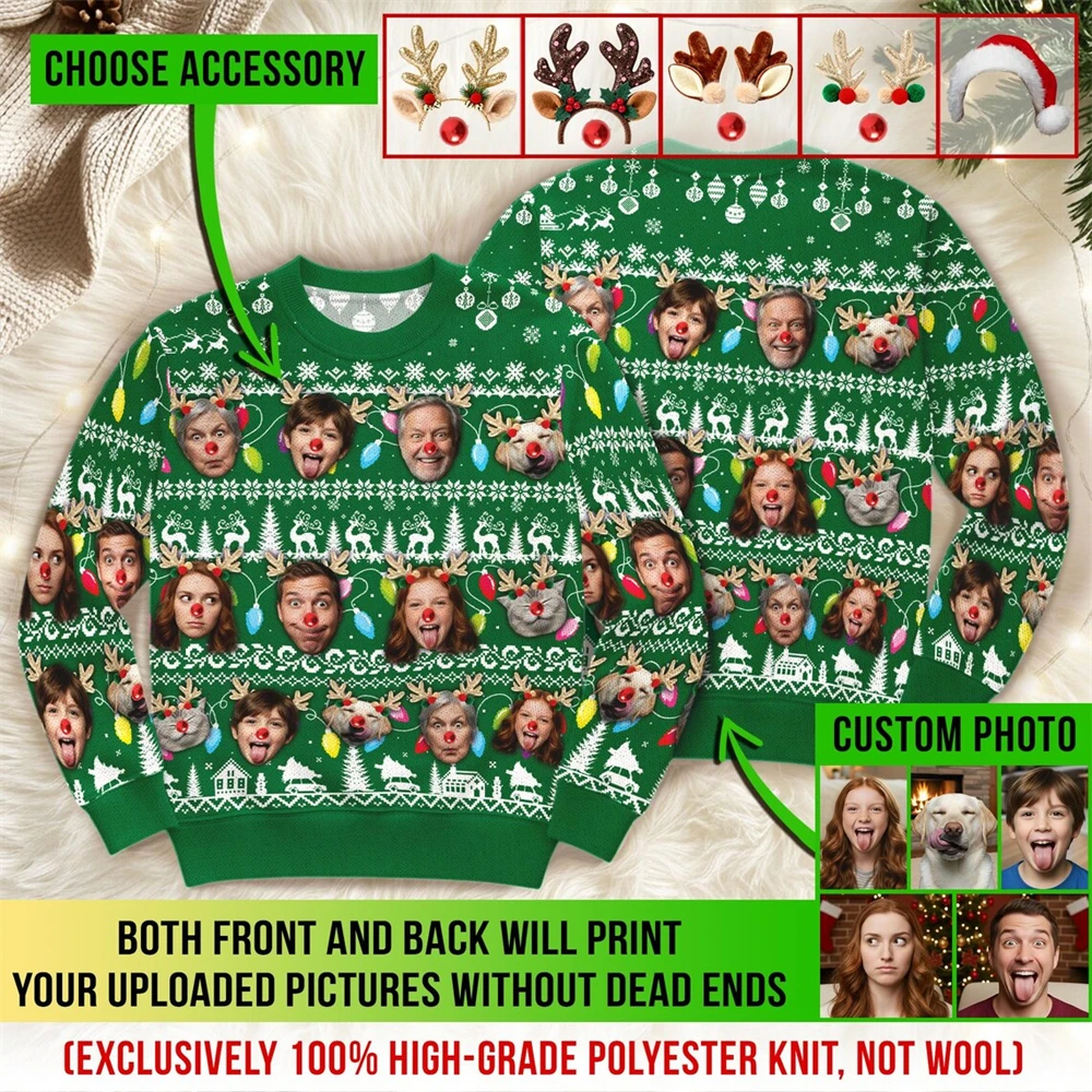 Custom Reindeer Face Christmas Sweater Upload Your Photo Funny Family Crewneck Pullover Men Women Ugly Xmas Holiday Party Gift