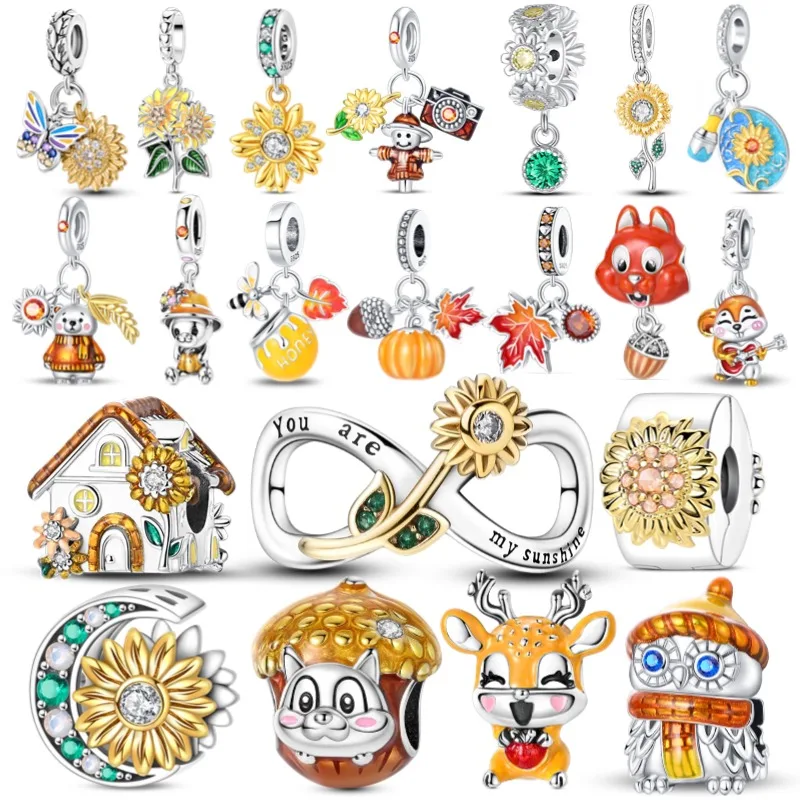 

Original 925 Sterling Silver Autumn Golden Charms Maple Leaf Squirrel Pumpkin Deer Beads Fit 3mm Bracelet DIY Jewelry Gifts New