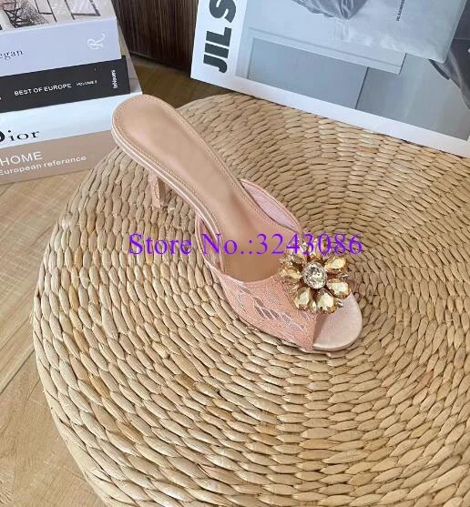 New Crystal Decor Lace Lady Sandals Sexy 6/9 cm Stiletto Heel Woman Slippers Fashion Female Casual Shoes Dropship