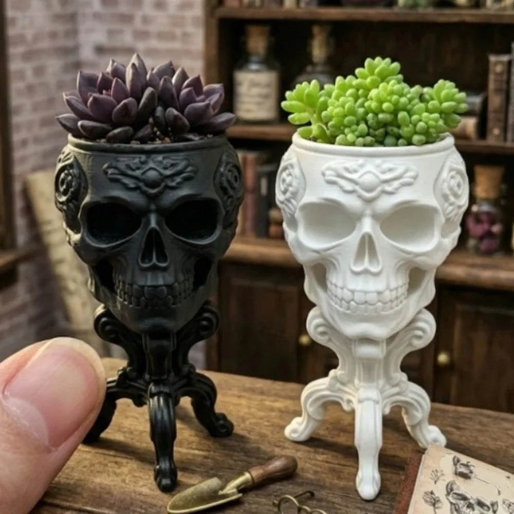 3D Printed Halloween Goblet Skull Planter Spooky Dark Vintage Carved Mini Skeleton Flower Pot Rose Patterns Integrated