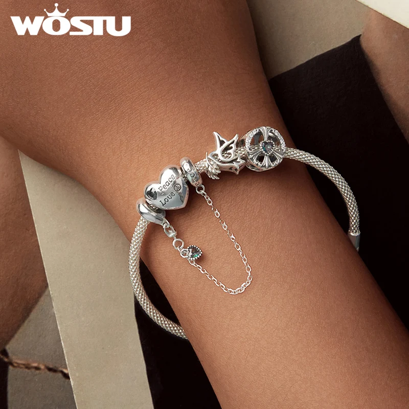 WOSTU Original 925 Sterling Silver Retro Peace & Love Charms Dove Beads Silicone Safety Chain Fit for Women Bracelet Anti-war