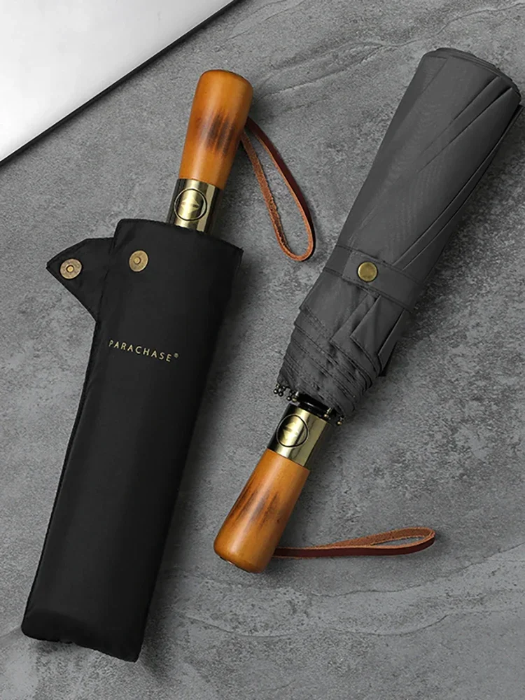 A Big Automatic Umbrella Man Business Style Wind-resistant Foldable Umbrella Windproof Strong Double Layer Wooden Rain Umbrella