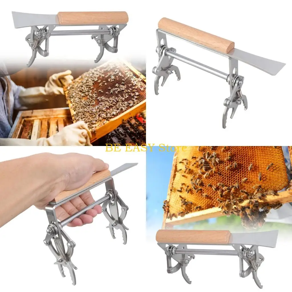E28F Professional Bees Hives Frame Extractor Tool Stainless Steel Ergonomic Wooden Handle for Professional Beekeepers