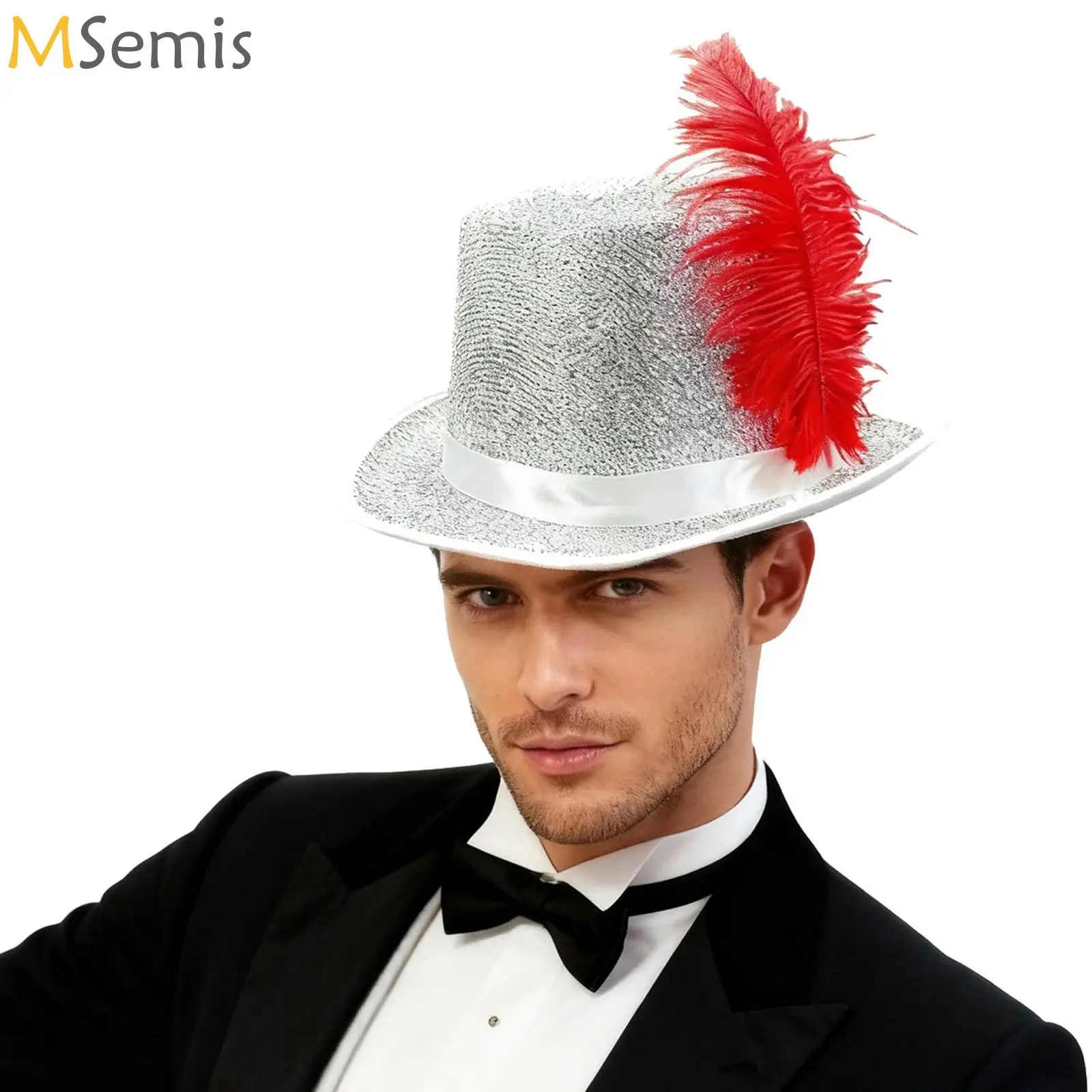 

Shiny Sequin Feathered Magician Hat Adult Top Hat Cap Halloween Performance Cosplay Costume Accessories Headgear Dress Up Props